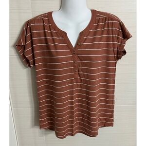 Old Navy Linen Blend Striped Button Henley SS Top S, Rust Pumpkin Autumn Fall